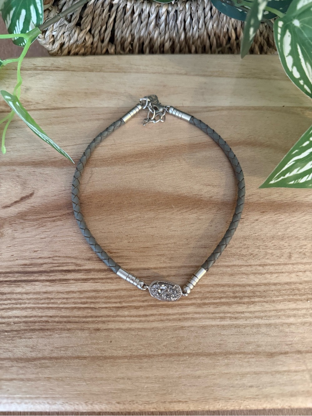Kendra Scott Gray Braided Leather Necklace with Crystal Druzy Accent